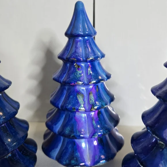 3 HANDCRAFTED Upcycled Blue Holiday Trees HANDPAINTED Tabletop Art Decor Artwork - Picture 8 of 12